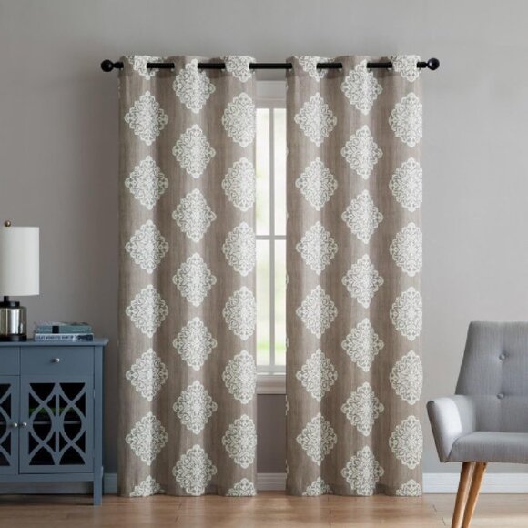 VCNY Curtains Taupe Boho Medallion in White PAIR of Panel 84" Long NEW IN PKG - Picture 1 of 2